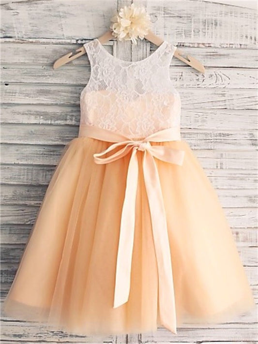 Tea-Length Sash/Ribbon/Belt A-line/Princess Tulle Scoop Sleeveless Flower Girl Dresses