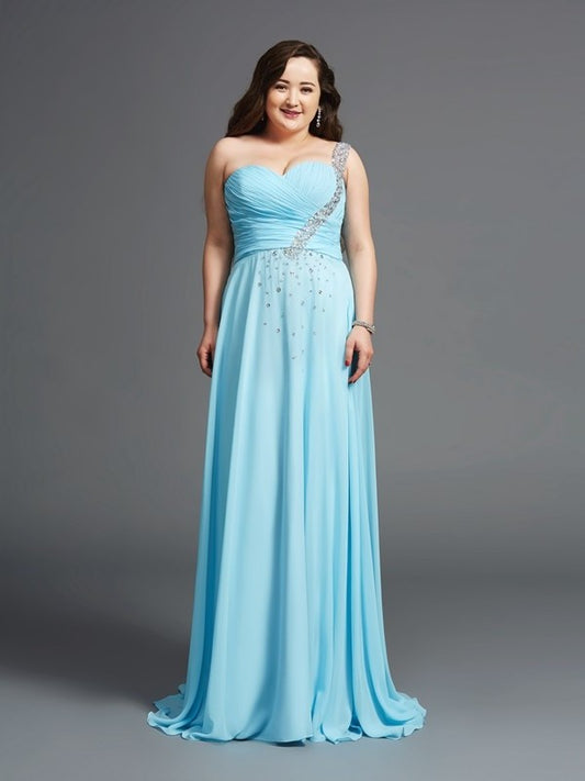 One-Shoulder A-Line/Princess Chiffon Sleeveless Rhinestone Long Plus Size Dresses