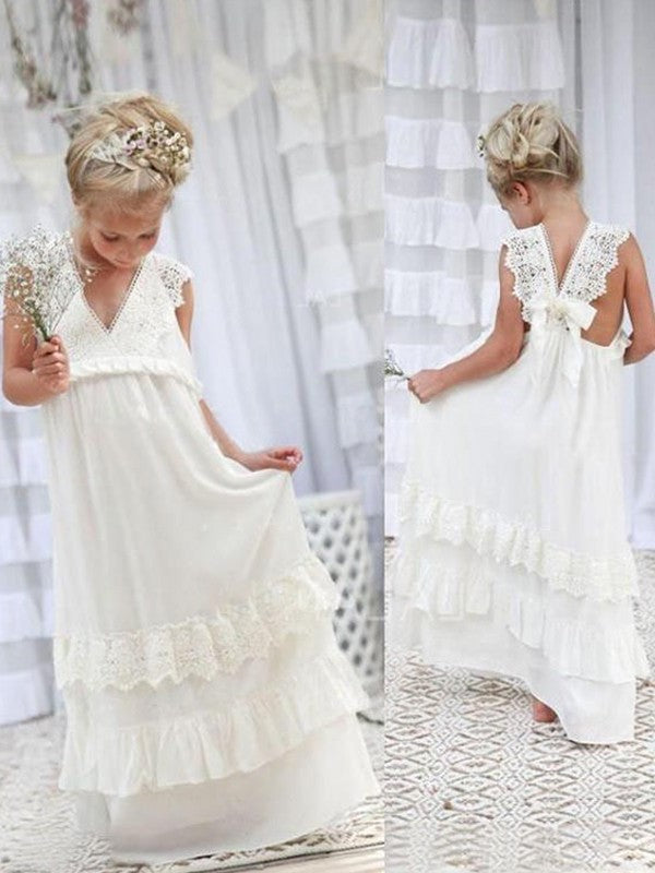 Lace Chiffon V-neck Empire Floor-Length Sleeveless Flower Girl Dresses