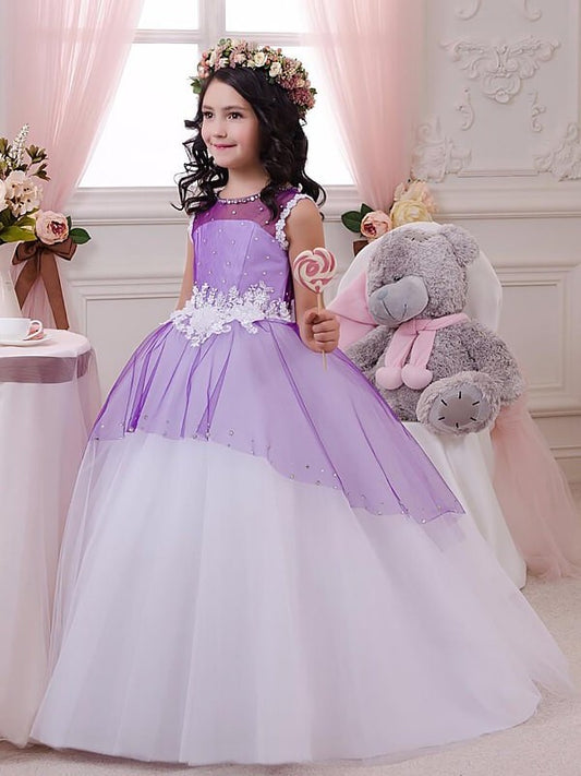 Sleeveless Ball Tulle Floor-Length Jewel Applique Gown Flower Girl Dresses