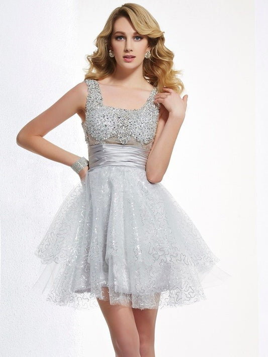 Woven Beading Short A-Line/Princess Straps Sleeveless Elastic Satin Homecoming Dresses