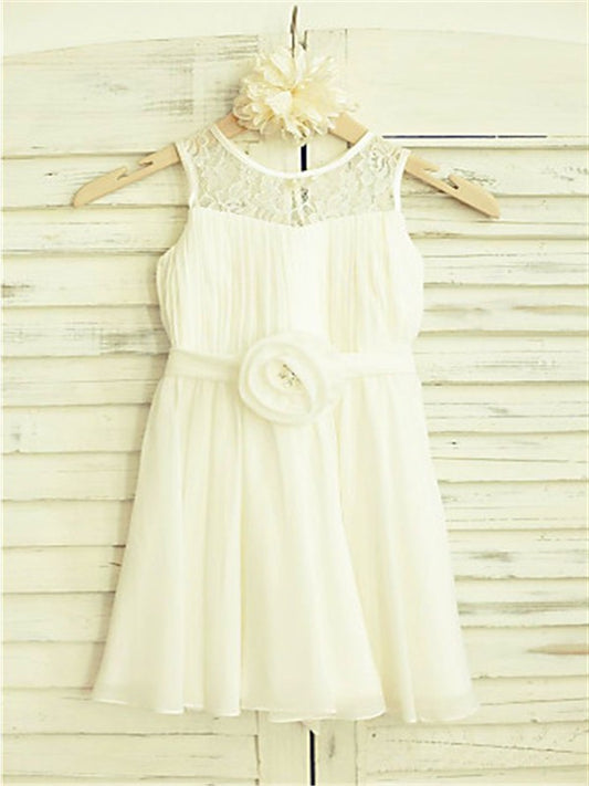 Tea-Length Chiffon Hand-made Sleeveless A-line/Princess Flower Scoop Flower Girl Dresses