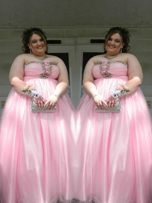 Sleeveless Floor-Length Beading A-Line/Princess Strapless Satin Plus Size Dresses