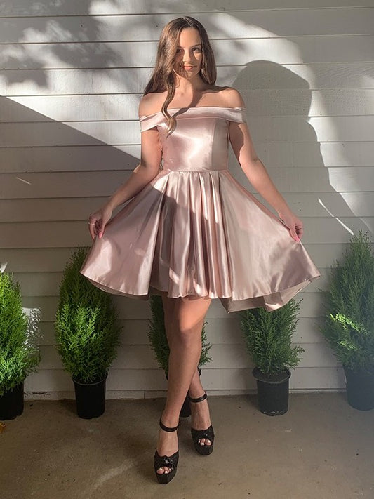 Off-the-Shoulder A-Line/Princess Ruffles Sleeveless Satin Short/Mini Homecoming Dresses