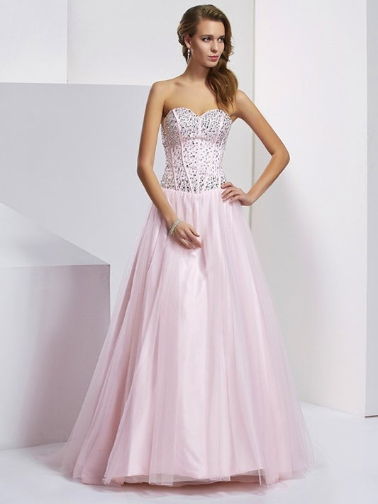 Sweetheart Sleeveless Ball Beading Long Gown Satin Quinceanera Dresses