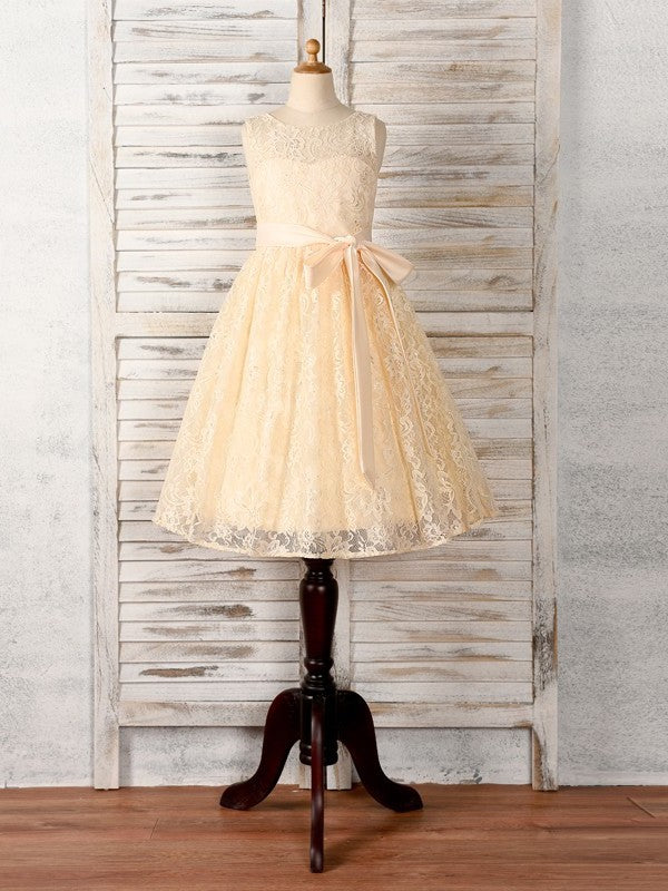 Sleeveless Scoop Tea-Length A-Line/Princess Sash/Ribbon/Belt Lace Flower Girl Dresses