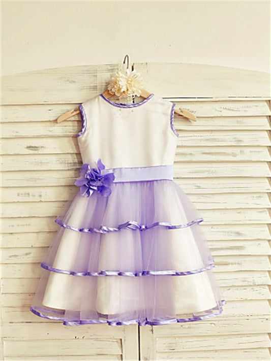 Tea-Length Flower Sleeveless Scoop A-line/Princess Hand-made Tulle Flower Girl Dresses