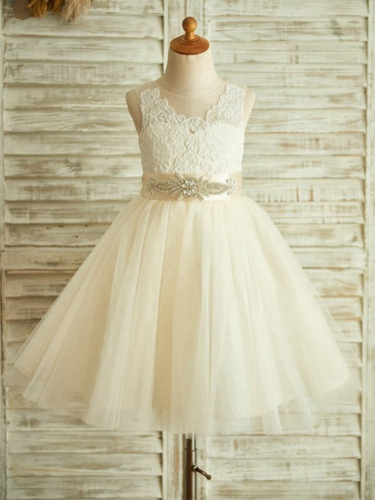 A-Line/Princess Sleeveless Tea-Length Tulle Lace Scoop Flower Girl Dresses