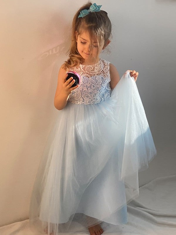 A-Line/Princess Lace Scoop Ankle-Length Tulle Sleeveless Flower Girl Dresses