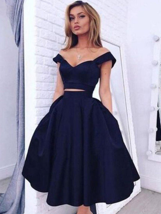 Homecoming Dresses A-Line/Princess Off-the-Shoulder Sleeveless Tea-Length Satin Two Piece Dresses Ryan