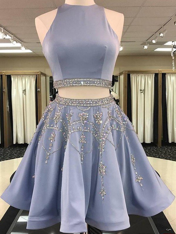 A-Line/Princess Sleeveless Homecoming Dresses Bateau Fiona Satin Beading Short/Mini Two Piece Dresses