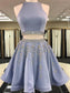 A-Line/Princess Sleeveless Homecoming Dresses Bateau Fiona Satin Beading Short/Mini Two Piece Dresses