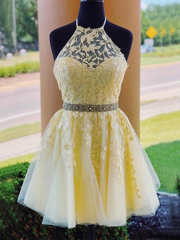 Tulle Applique Halter Sleeveless A-Line/Princess Short/Mini Homecoming Dresses