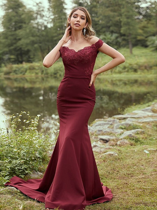 Sleeveless Applique Off-the-Shoulder Sweep/Brush Sheath/Column Stretch Crepe Train Bridesmaid Dresses