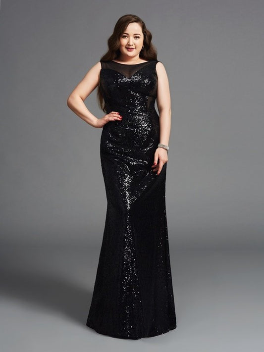 Sleeveless Sheath/Column Scoop Sequins Long Plus Size Dresses