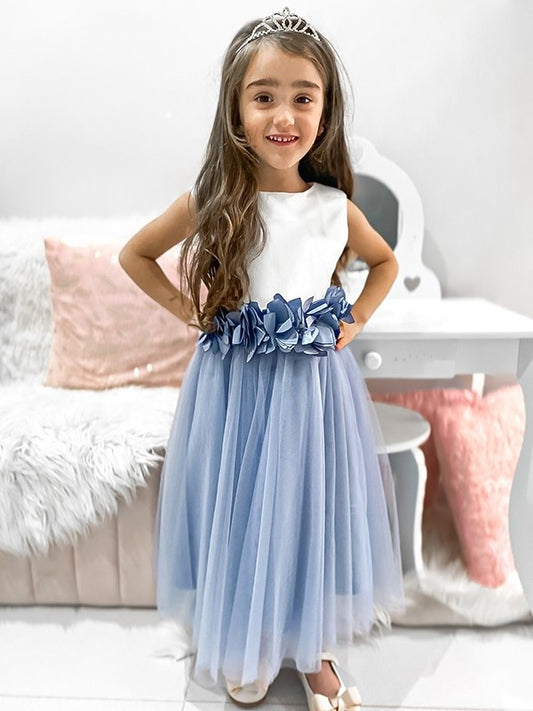 Sleeveless Tulle A-Line/Princess Scoop Hand-Made Tea-Length Flower Flower Girl Dresses