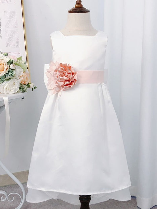 Tea-Length Square Sleeveless Hand-Made A-Line/Princess Flower Satin Flower Girl Dresses