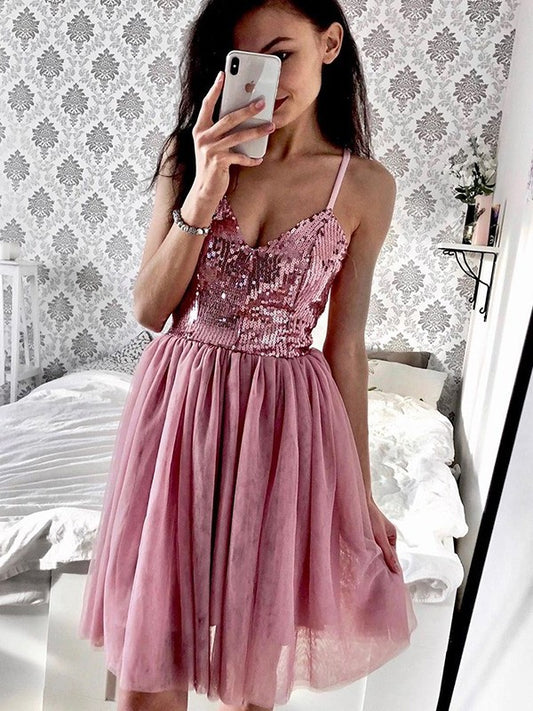 Spaghetti Sequin A-Line/Princess Straps Sleeveless Tulle Short/Mini Homecoming Dresses