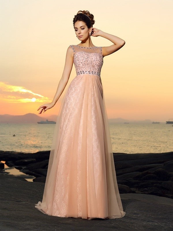 Sleeveless Bateau A-Line/Princess Lace Long Chiffon Dresses