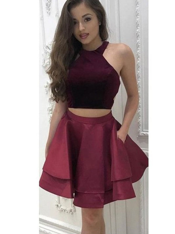 A-Line/Princess Sleeveless Halter Satin Ruffles Two Piece Mina Homecoming Dresses Short/Mini Dresses