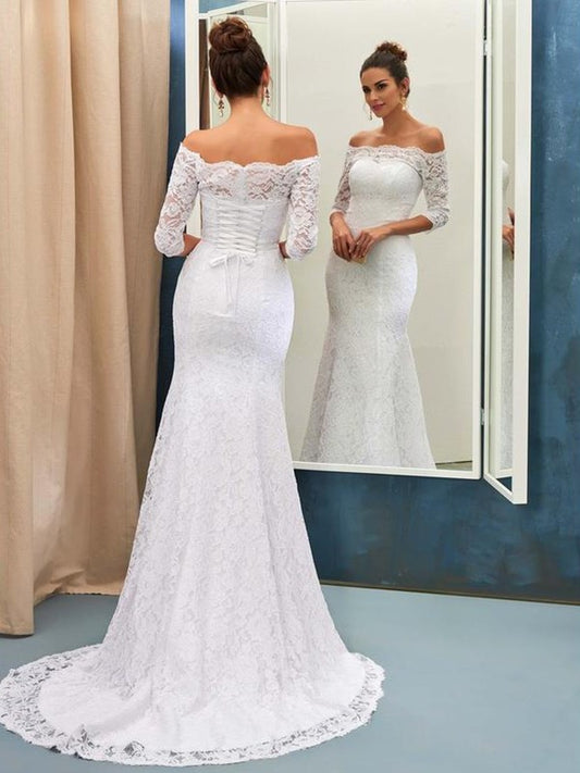 Trumpet/Mermaid 1/2 Sweep/Brush Off-the-Shoulder Lace Sleeves Train Wedding Dresses