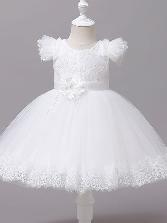 Tulle Gown Sleeves Ball Tea-Length Applique Scoop Short Flower Girl Dresses