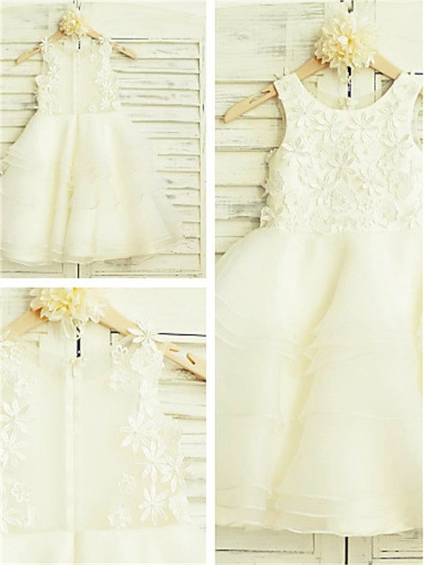 Tea-Length Tulle Scoop Sleeveless A-line/Princess Lace Flower Girl Dresses