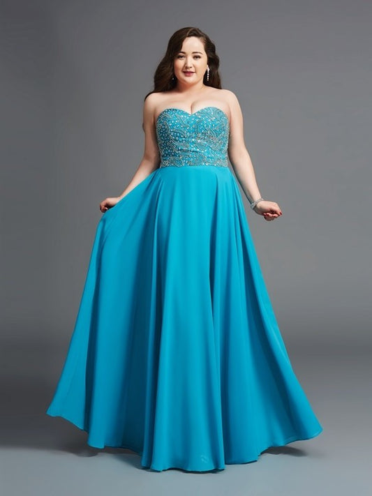 Sweetheart Sleeveless Beading Chiffon A-Line/Princess Long Plus Size Dresses