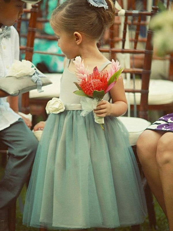 A-Line/Princess Hand-Made Square Flower Sleeveless Tulle Tea-Length Flower Girl Dresses