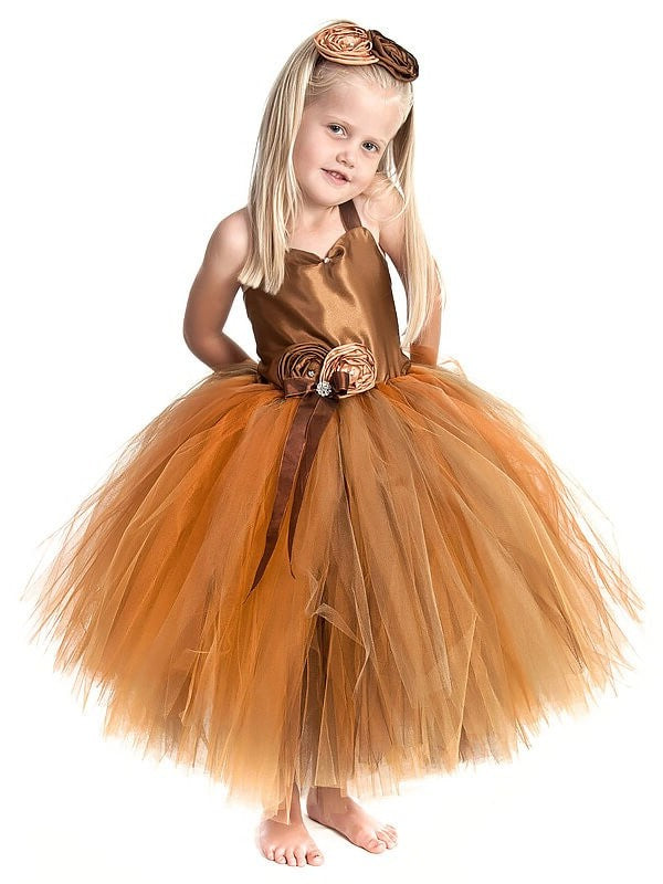 Sleeveless Flower Tulle Ball Straps Gown Hand-Made Tea-Length Flower Girl Dresses