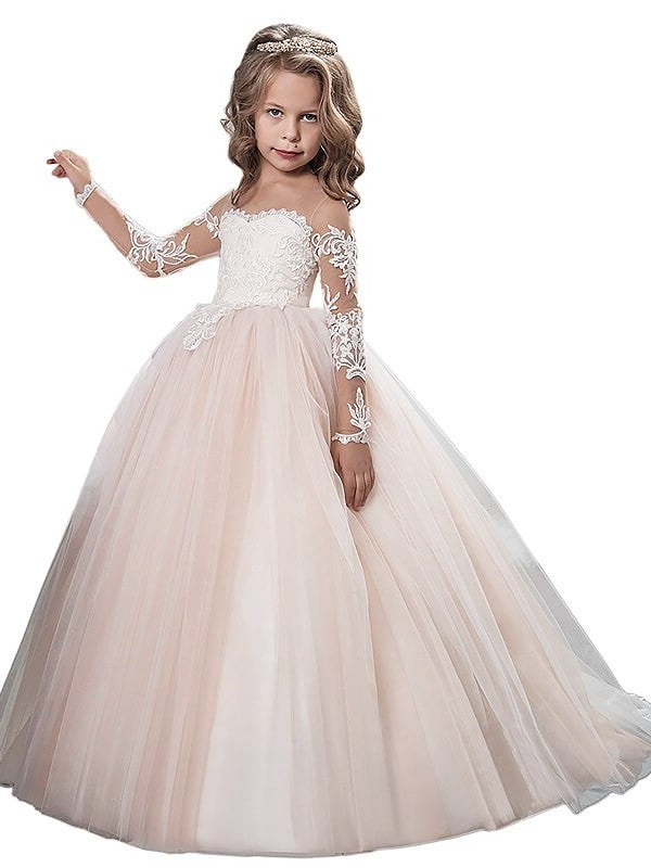 Train Gown Long Sweep/Brush Sleeves Ball Tulle Scoop Flower Girl Dresses