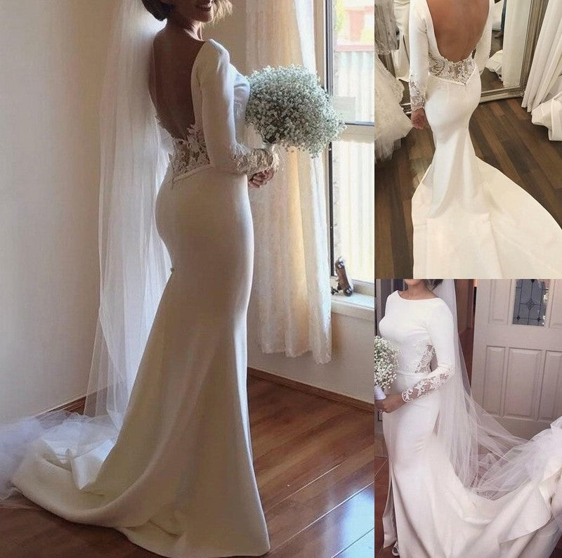 Long Sleeves Lace Court Trumpet/Mermaid Train Scoop Satin Wedding Dresses