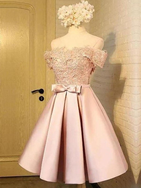 Sleeveless Off-the-Shoulder A-Line/Princess Satin Applique Short/Mini Homecoming Dresses