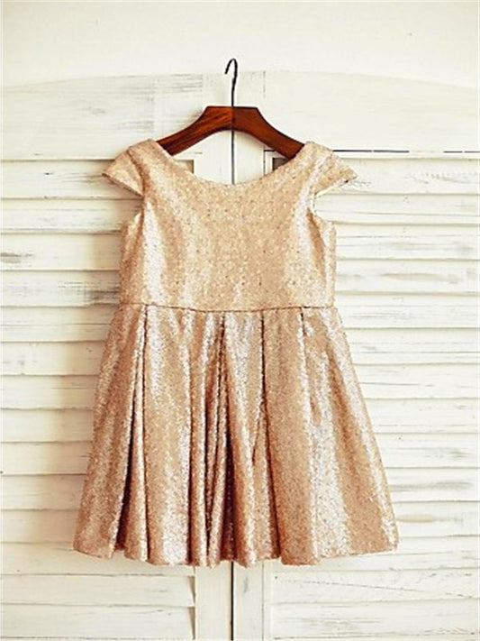 Tea-Length Sequins Short Sleeves Scoop A-line/Princess Flower Girl Dresses