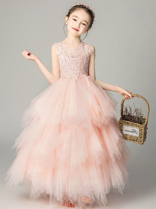 Floor-Length Tulle Sleeveless Applique A-Line/Princess Scoop Flower Girl Dresses