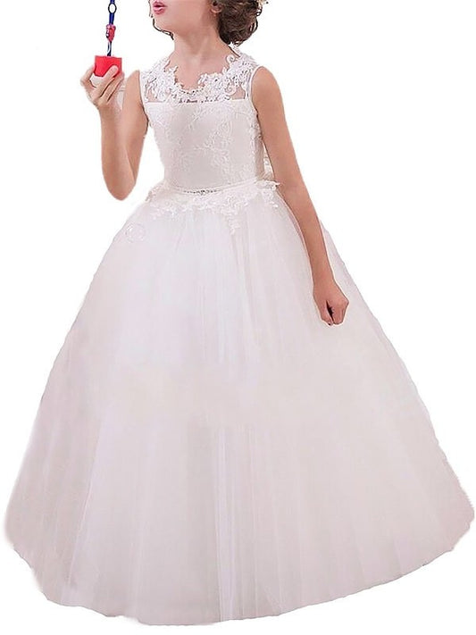 Gown Sleeveless Ball Floor-Length Applique Tulle Jewel Flower Girl Dresses