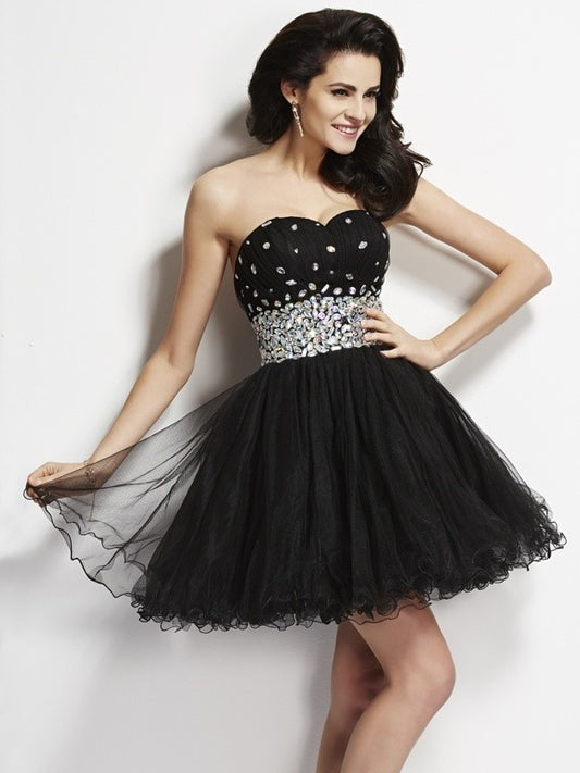 A-Line/Princess Short Elastic Beading Sleeveless Woven Sequin Sweetheart Satin Homecoming Dresses