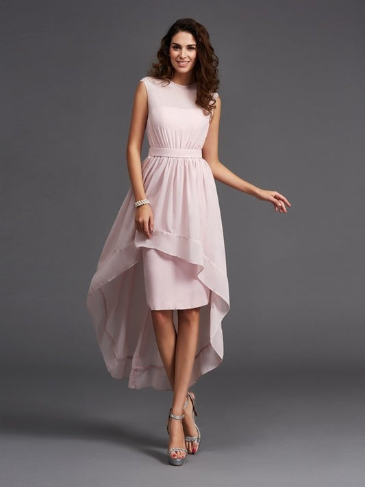 Scoop Sleeveless Low Sash/Ribbon/Belt A-Line/Princess High Chiffon Bridesmaid Dresses