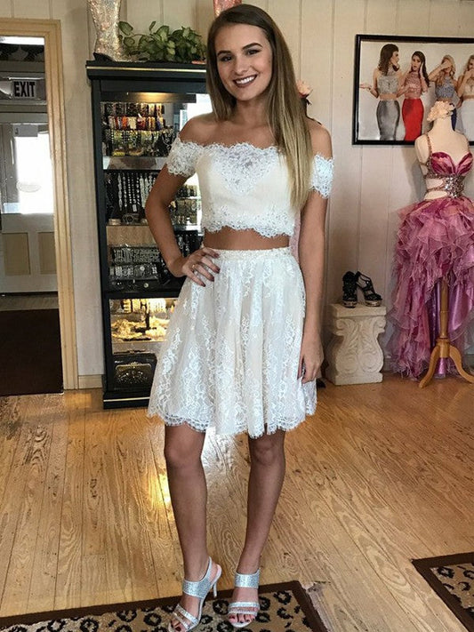 A-Line/Princess Homecoming Dresses Off-the-Shoulder Sleeveless Short/Mini Lace Jamie Two Piece Dresses