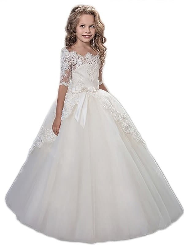 Floor-Length Sleeves Off-the-Shoulder Tulle Applique Ball Gown Short Flower Girl Dresses