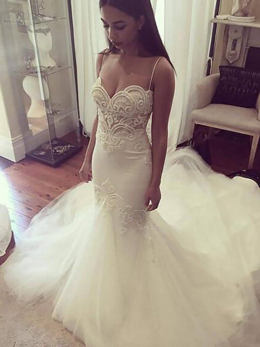 Chapel Straps Sleeveless Spaghetti Train Trumpet/Mermaid Tulle Wedding Dresses