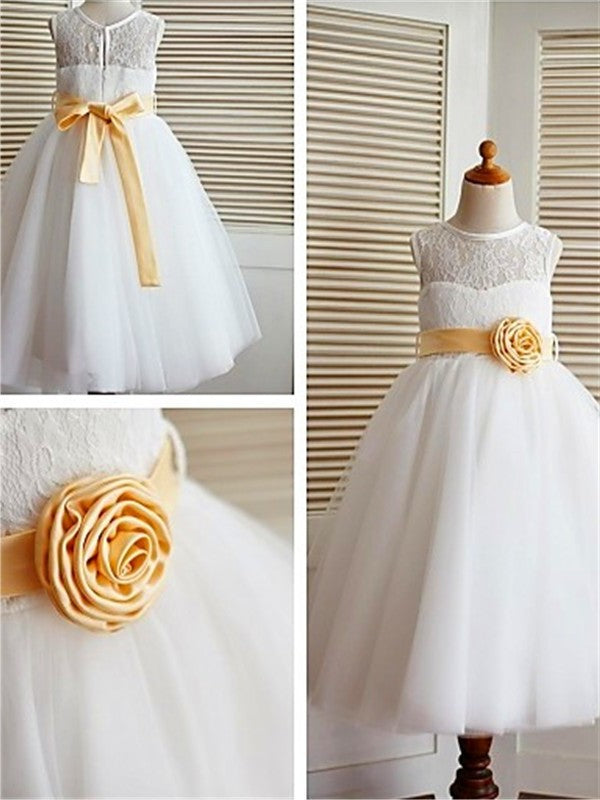 A-line/Princess Lace Tulle Sleeveless Tea-Length Scoop Flower Girl Dresses