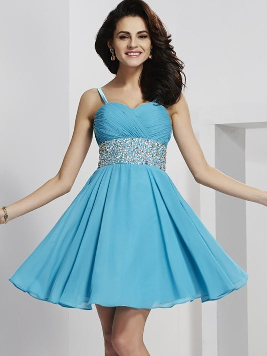 Spaghetti Rhinestone Short Sleeveless A-Line/Princess Straps Chiffon Homecoming Dresses