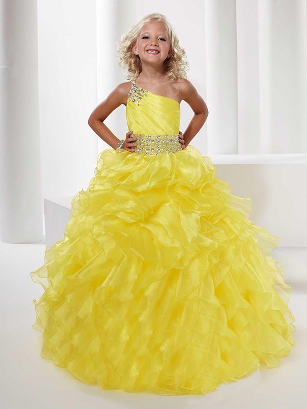 Sleeveless Long Gown Organza One-shoulder Beading Ball Flower Girl Dresses