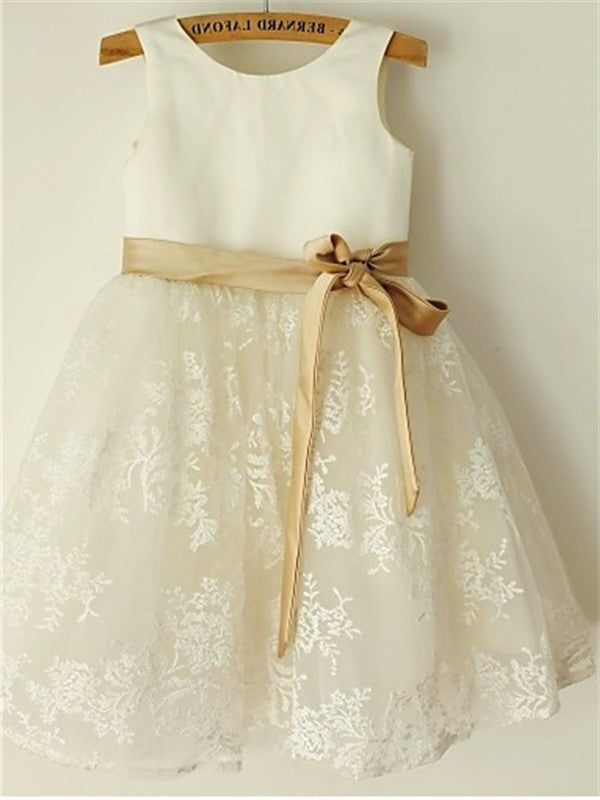 A-line/Princess Sleeveless Bowknot Scoop Lace Tea-Length Flower Girl Dresses