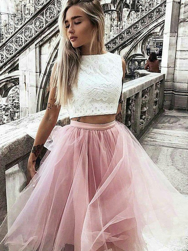 A-Line/Princess Tulle Bateau Lace Sleeveless Arely Knee-Length Two Piece Dresses Homecoming Dresses