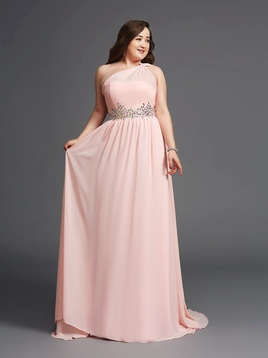 One-Shoulder Long Chiffon Sleeveless Rhinestone A-Line/Princess Plus Size Dresses