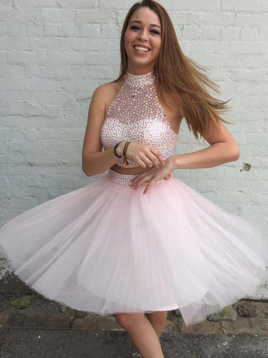 Homecoming Dresses A-Line/Princess Tulle High Neck Sleeveless Beading Short/Mini Two Piece Keely Dresses