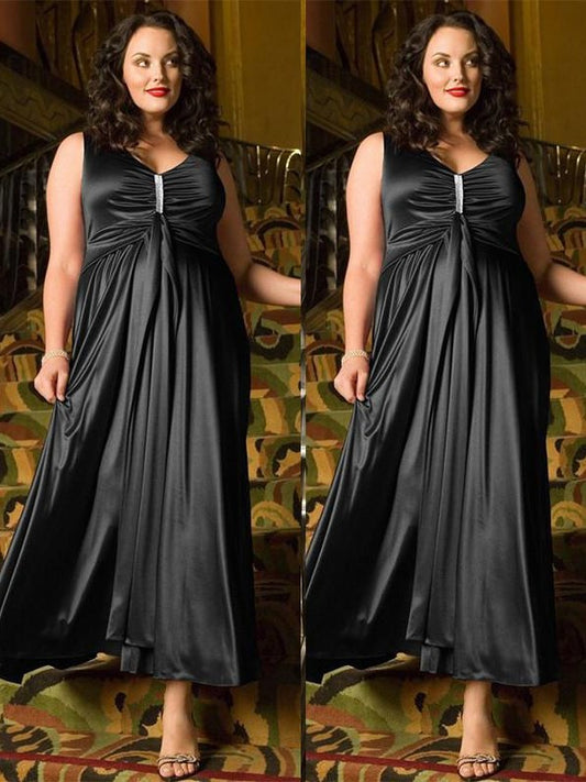 Ankle-Length Satin Sleeveless V-neck A-Line/Princess Woven Elastic Beading Plus Size Dresses