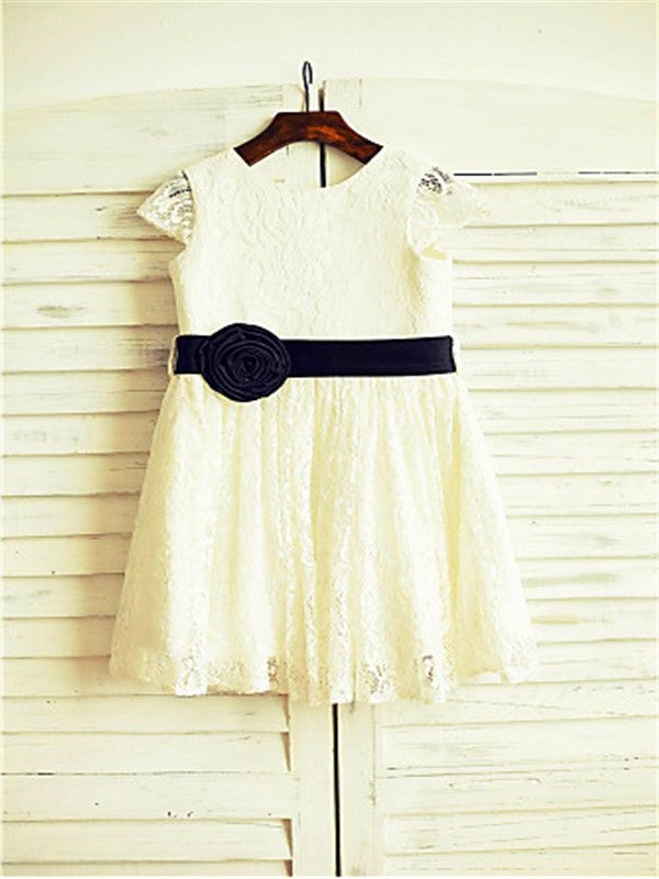 Short Flower Hand-made Scoop Lace A-line/Princess Sleeves Tea-Length Flower Girl Dresses